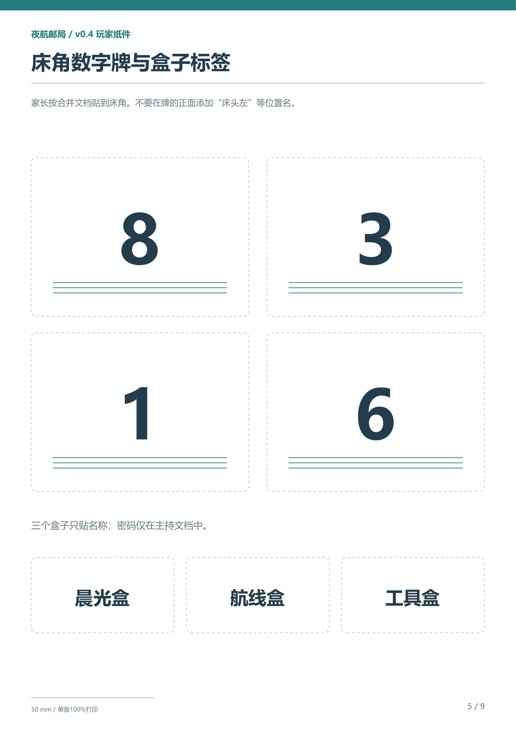 纸件第5页：床角数字牌与三个盒子标签